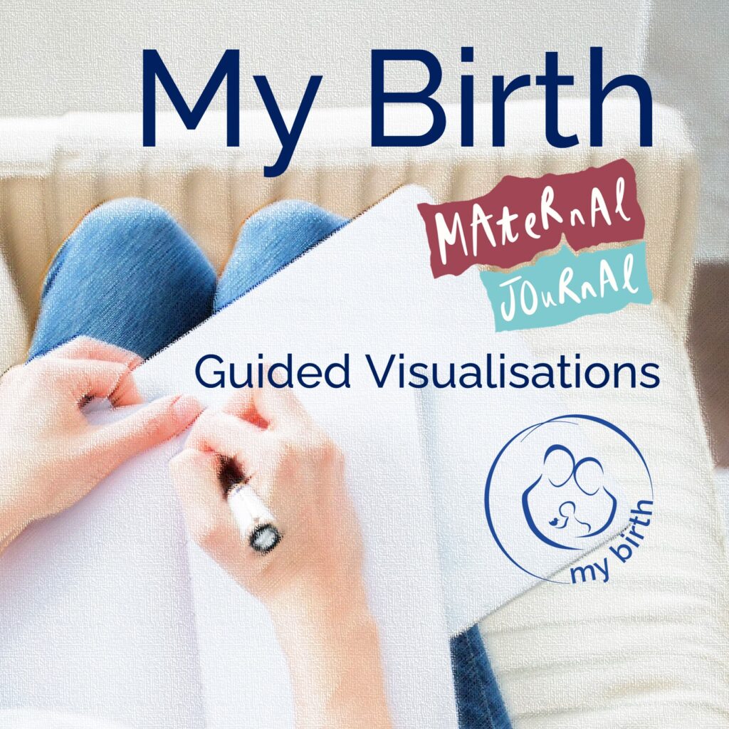 Our new guided journaling visualisation podcast series: here's the thumbnail logo for our new podcast series. picture of someone sitting journaling with a notebook and pen. Title text says "My Birth Maternal Journal Guided Visualisations"