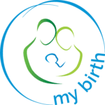 My Birth Support antenatal logo with an outline drawing of two people holding a new born baby