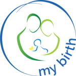 My Birth Support logo in blue and green tones, with an outline drawing of two people holding a toddler who is crawling towards a yellow rubber duck